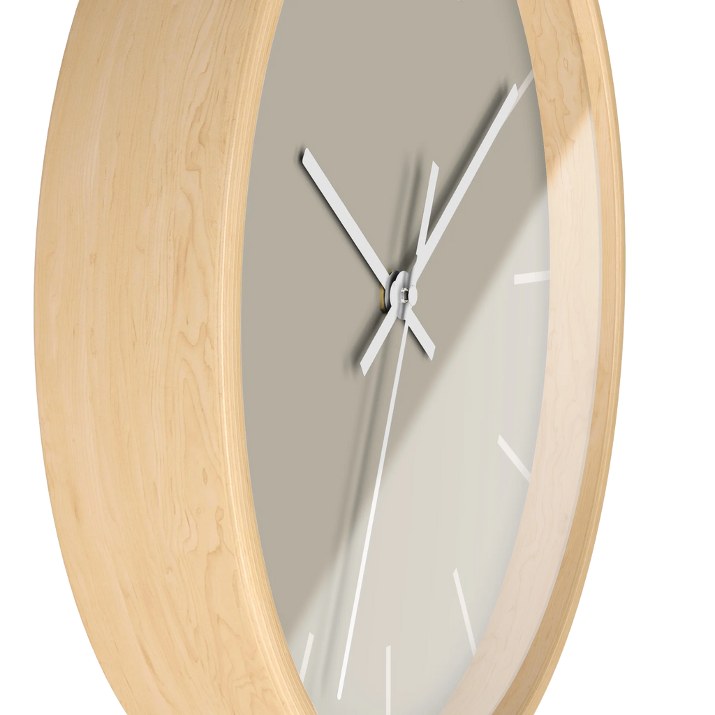 Ivory grey beige silent wall clock, wooden base, white hands, off white markers, 10 inch, side view.