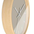 Ivory grey beige silent wall clock, wooden base, white hands, off white markers, 10 inch, side view.