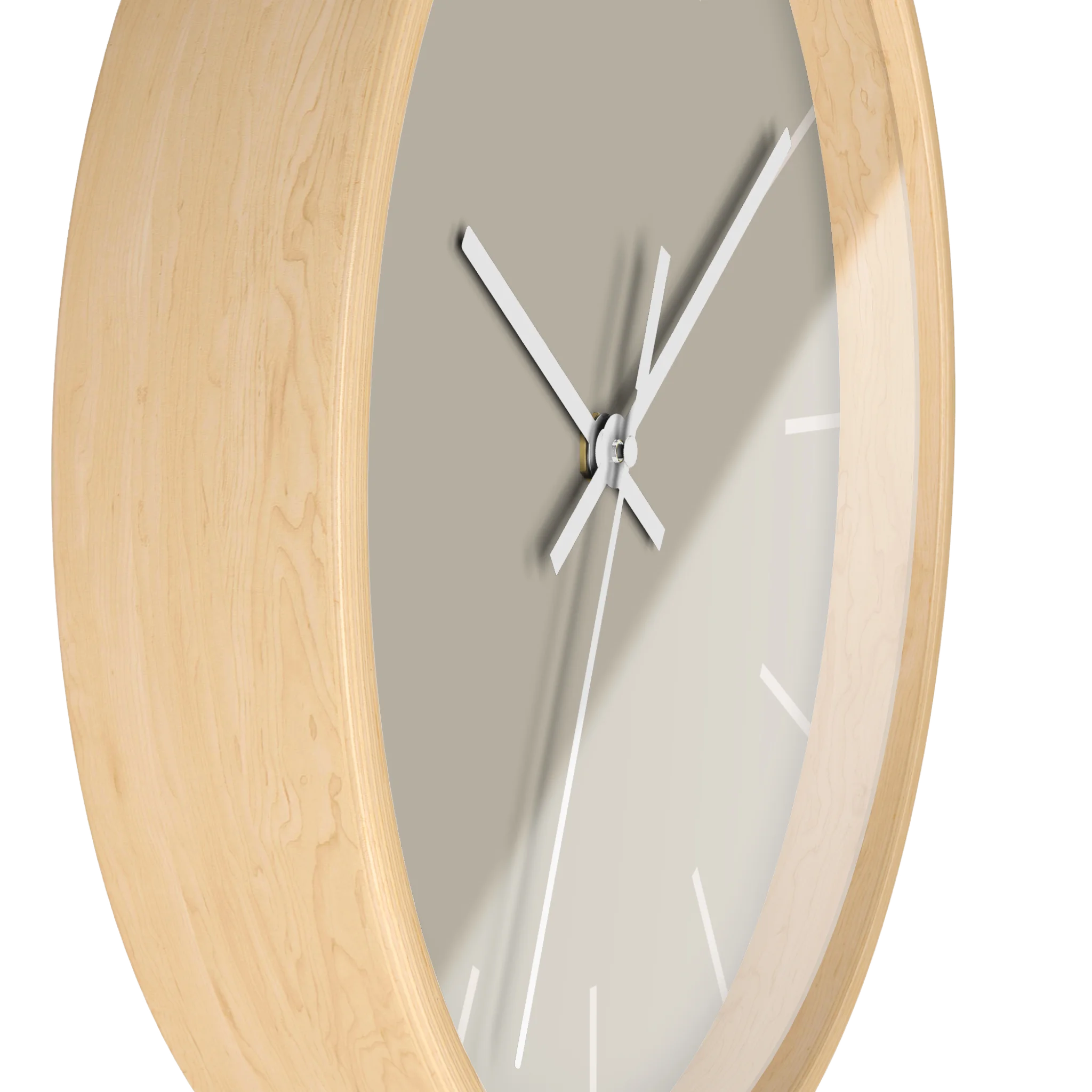 Ivory grey beige silent wall clock, wooden base, white hands, off white markers, 10 inch, side view.