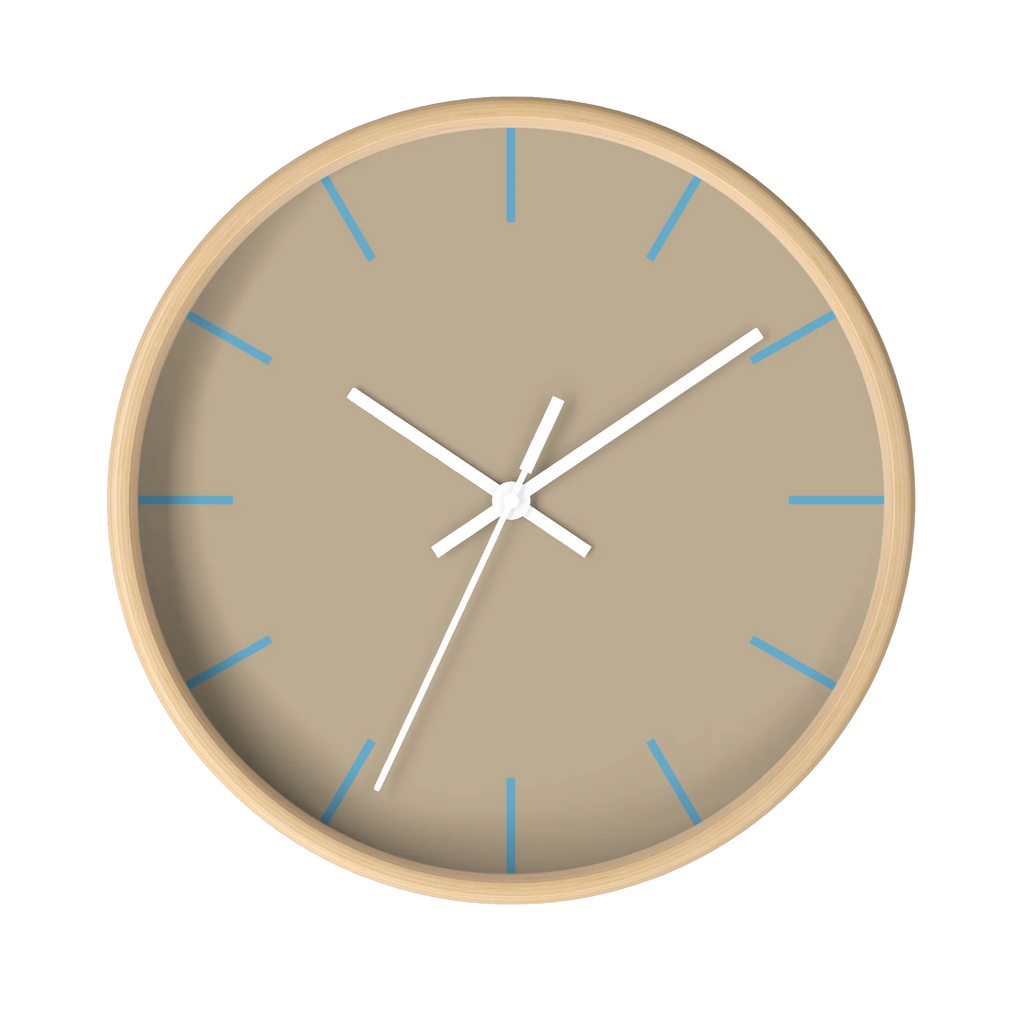 Beige jute silent wall clock, wooden base, white hands, vintage aqua markers, 10 inch, front view.