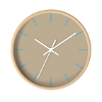 Beige jute silent wall clock, wooden base, white hands, vintage aqua markers, 10 inch, front view.