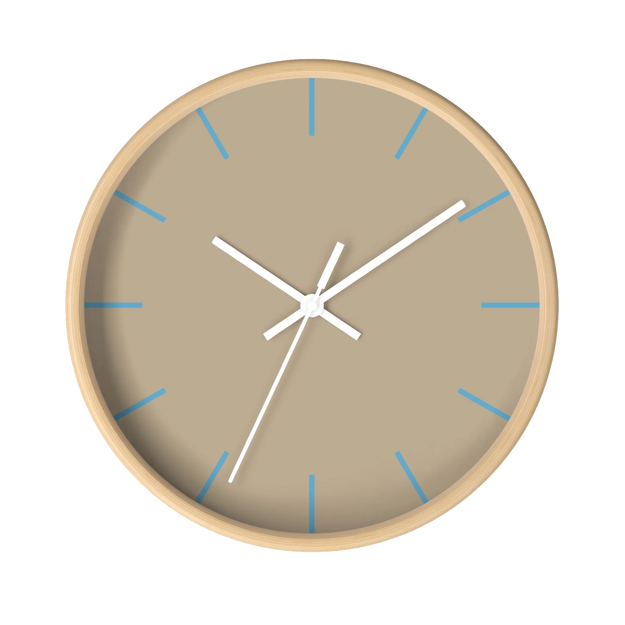 Beige jute silent wall clock, wooden base, white hands, vintage aqua markers, 10 inch, front view.