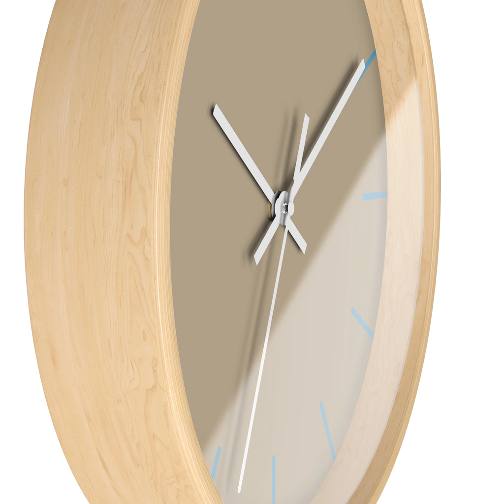 Beige jute silent wall clock, wooden base, white hands, vintage aqua markers, 10 inch, side view.
