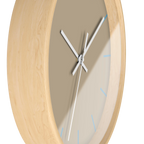 Beige jute silent wall clock, wooden base, white hands, vintage aqua markers, 10 inch, side view.