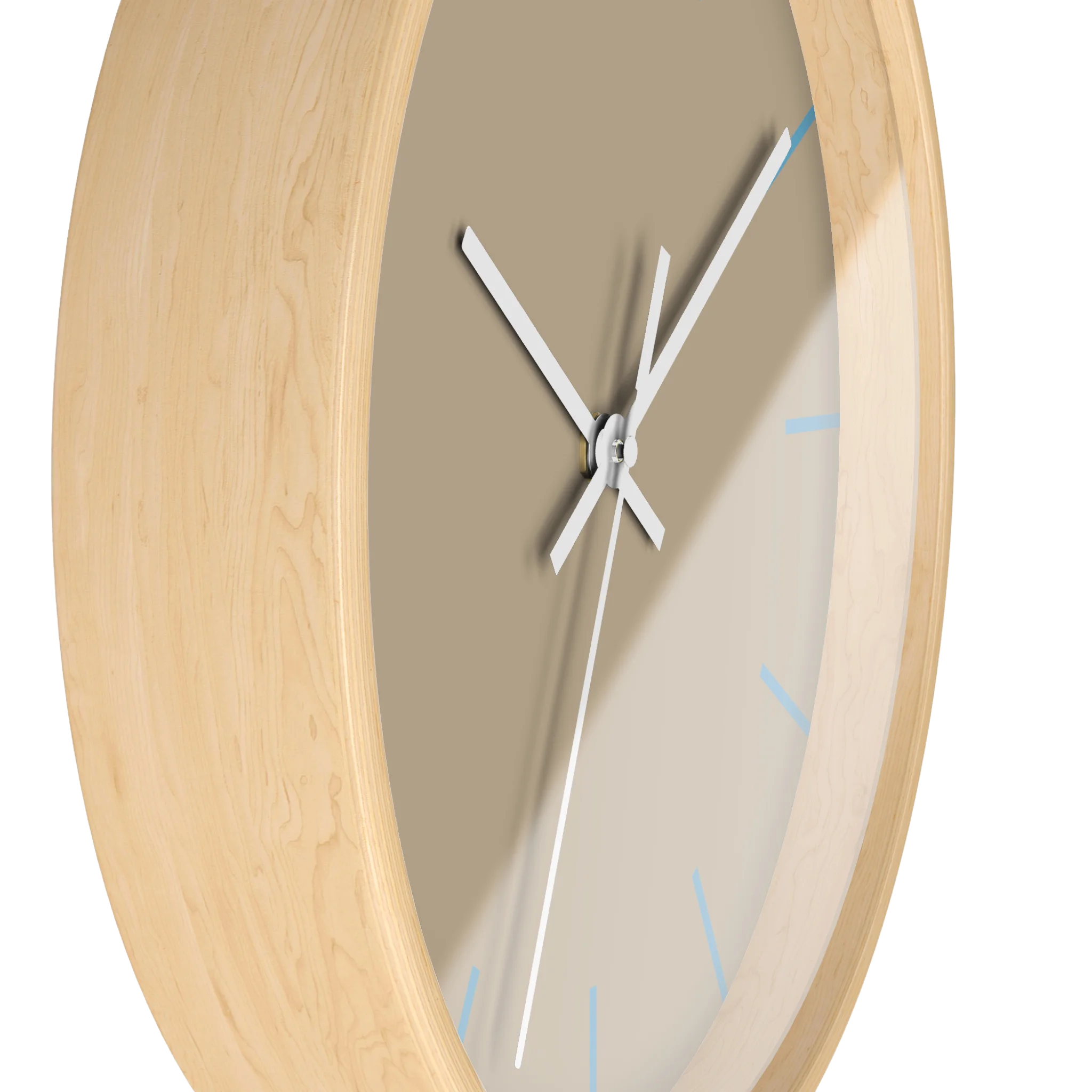 Beige jute silent wall clock, wooden base, white hands, vintage aqua markers, 10 inch, side view.