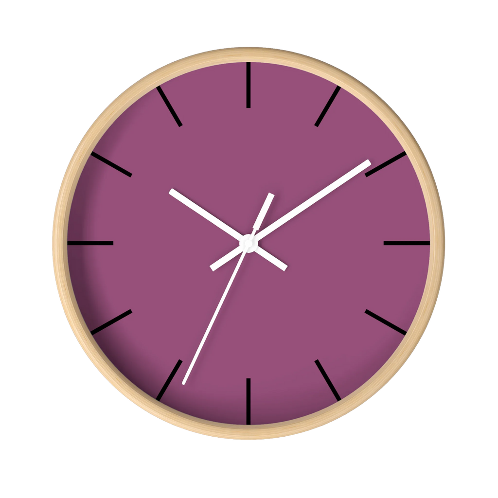 Lavender red plum silent wall clock, wooden base, white hands, black markers, 10 inch, front view.