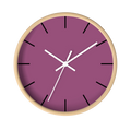 Lavender red plum silent wall clock, wooden base, white hands, black markers, 10 inch, front view.