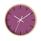 Lavender red plum silent wall clock, wooden base, white hands, black markers, 10 inch, front view.