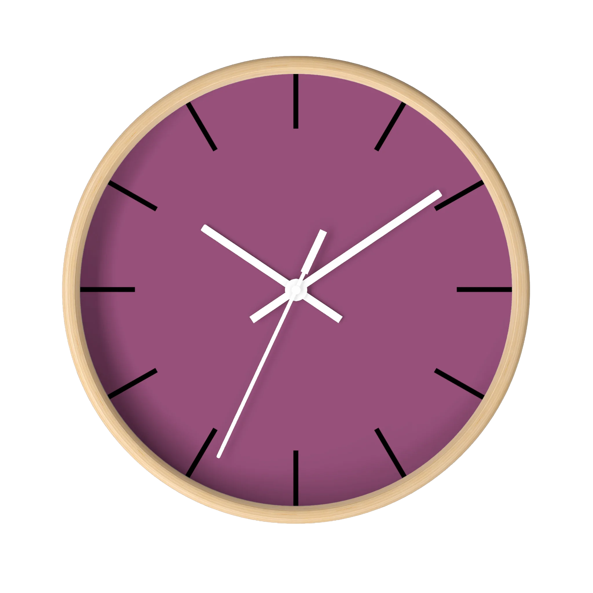 Lavender red plum silent wall clock, wooden base, white hands, black markers, 10 inch, front view.