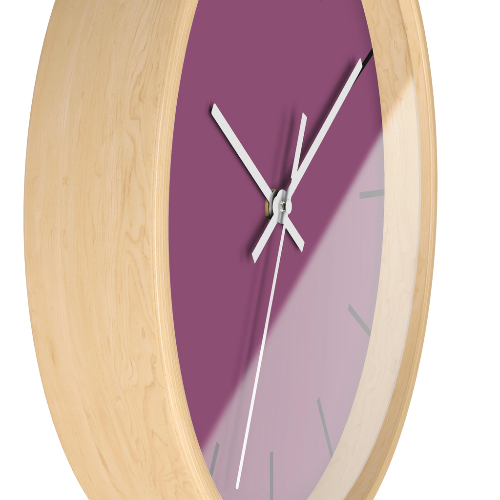 Lavender red plum silent wall clock, wooden base, white hands, black markers, 10 inch, side view.