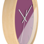 Lavender red plum silent wall clock, wooden base, white hands, black markers, 10 inch, side view.