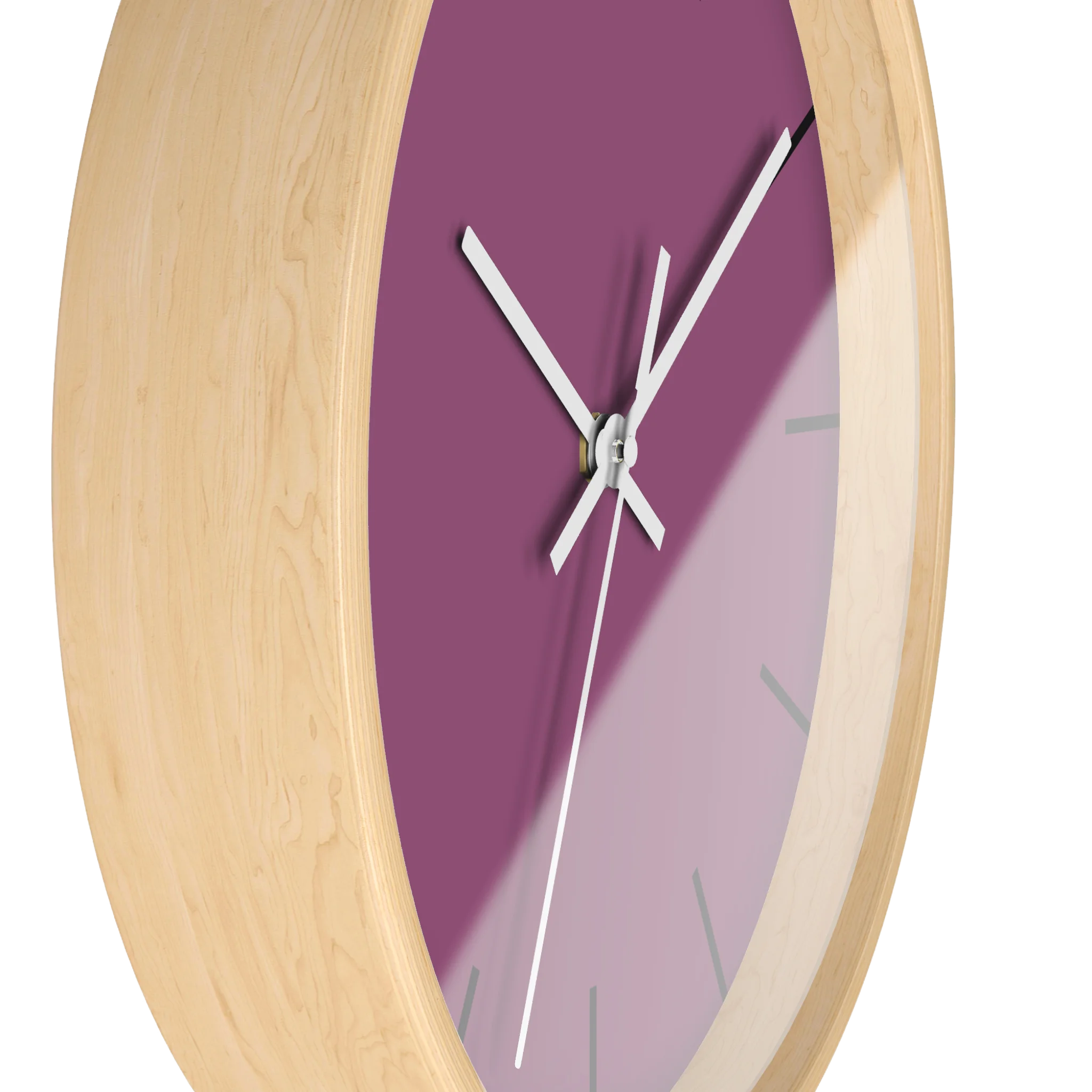 Lavender red plum silent wall clock, wooden base, white hands, black markers, 10 inch, side view.