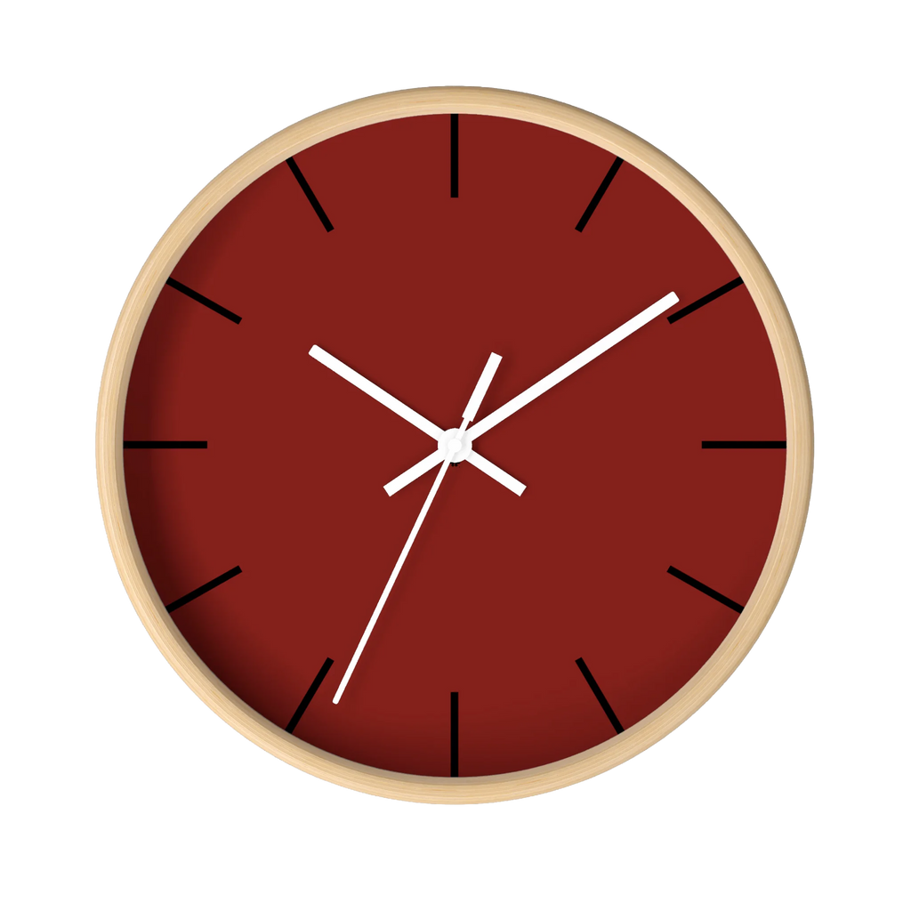 Maroon bloodstone red silent wall clock, wooden base, white hands, black markers, 10 inch, front view.