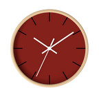 Maroon bloodstone red silent wall clock, wooden base, white hands, black markers, 10 inch, front view.