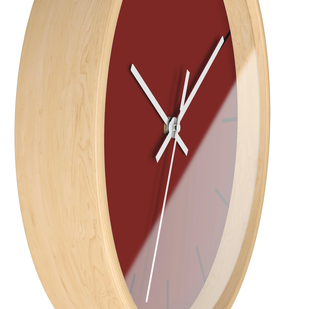 Maroon bloodstone red silent wall clock, wooden base, white hands, black markers, 10 inch, side view.