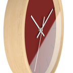 Maroon bloodstone red silent wall clock, wooden base, white hands, black markers, 10 inch, side view.