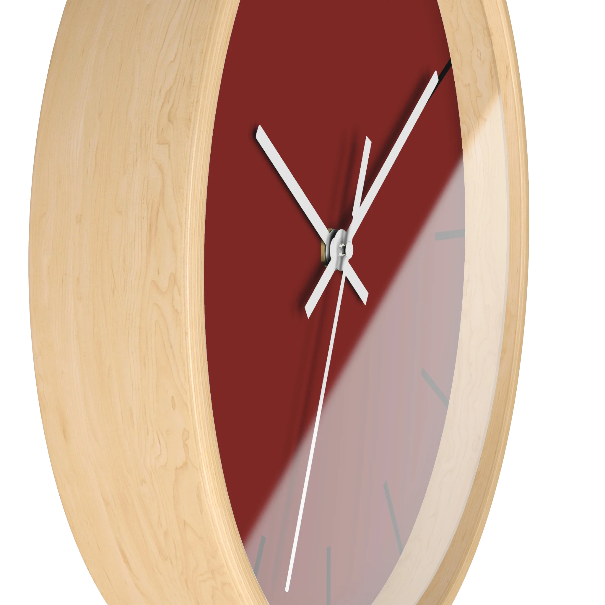 Maroon bloodstone red silent wall clock, wooden base, white hands, black markers, 10 inch, side view.