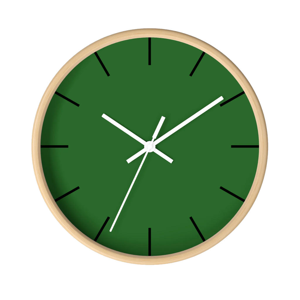 Mughal green silent wall clock, wooden base, white hands, black markers, 10 inch, front view.