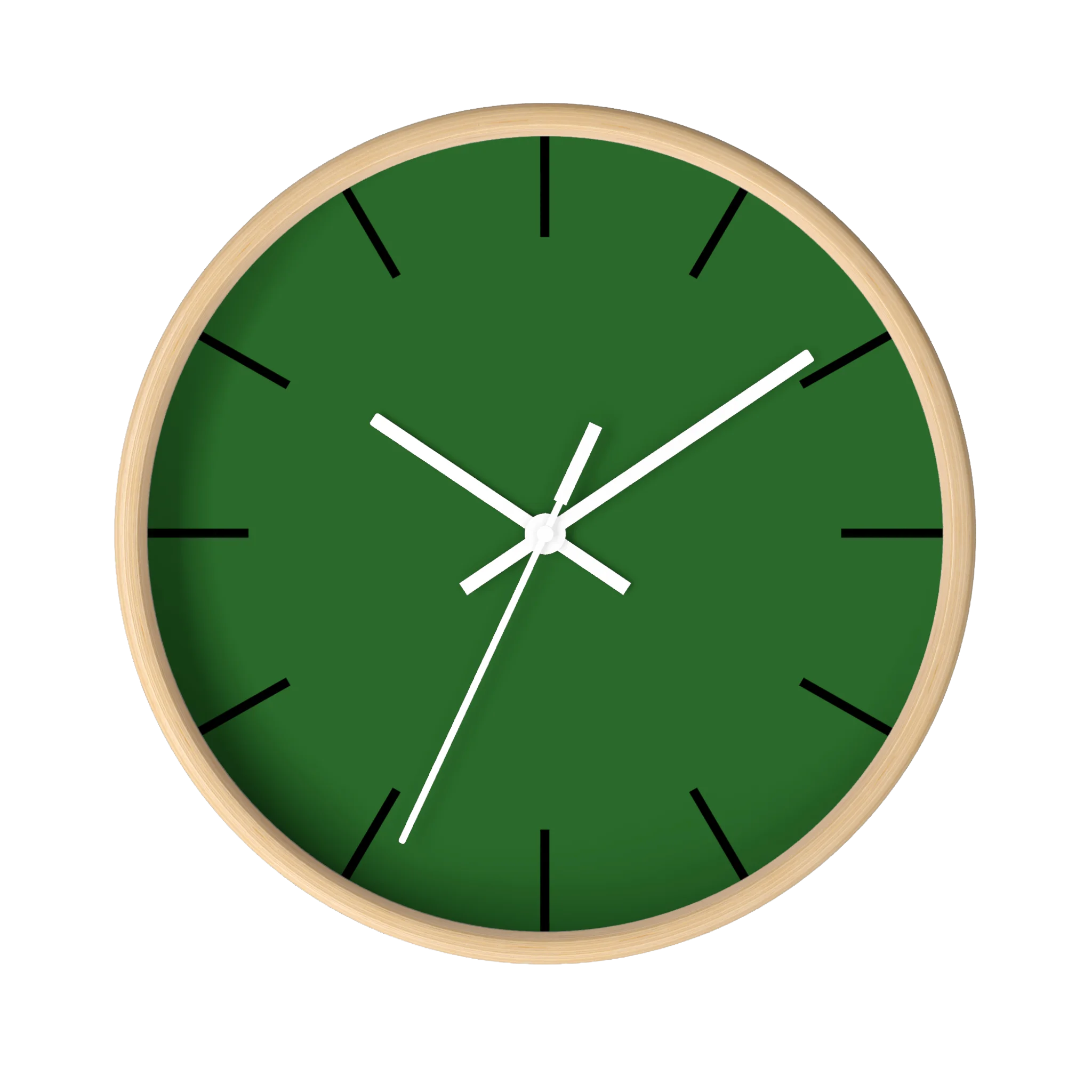 Mughal green silent wall clock, wooden base, white hands, black markers, 10 inch, front view.