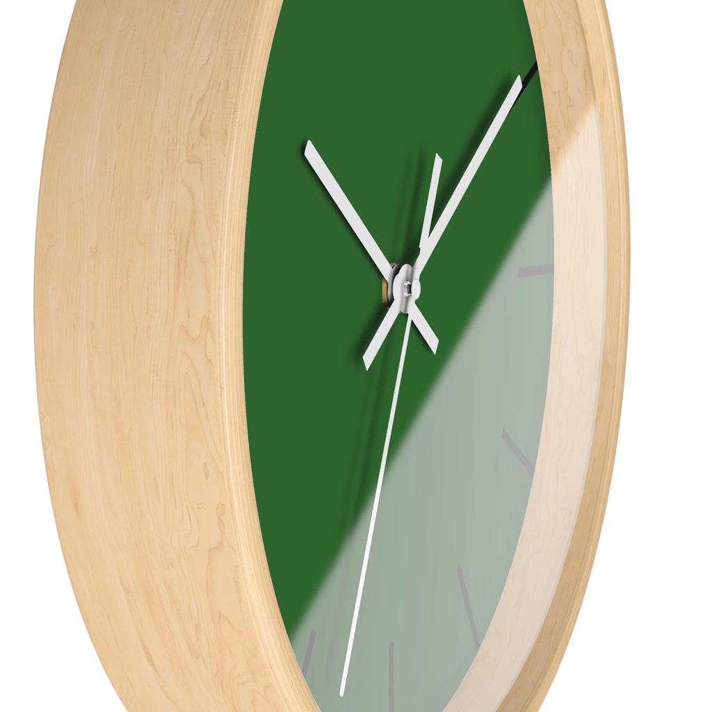 Mughal green silent wall clock, wooden base, white hands, black markers, 10 inch, side view.