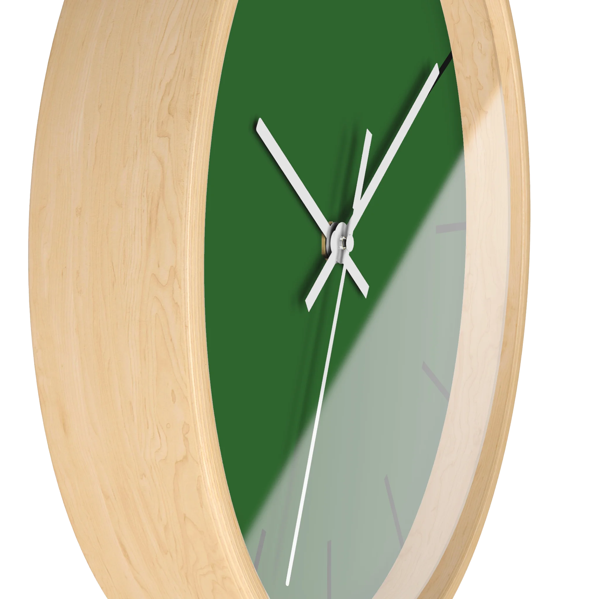 Mughal green silent wall clock, wooden base, white hands, black markers, 10 inch, side view.