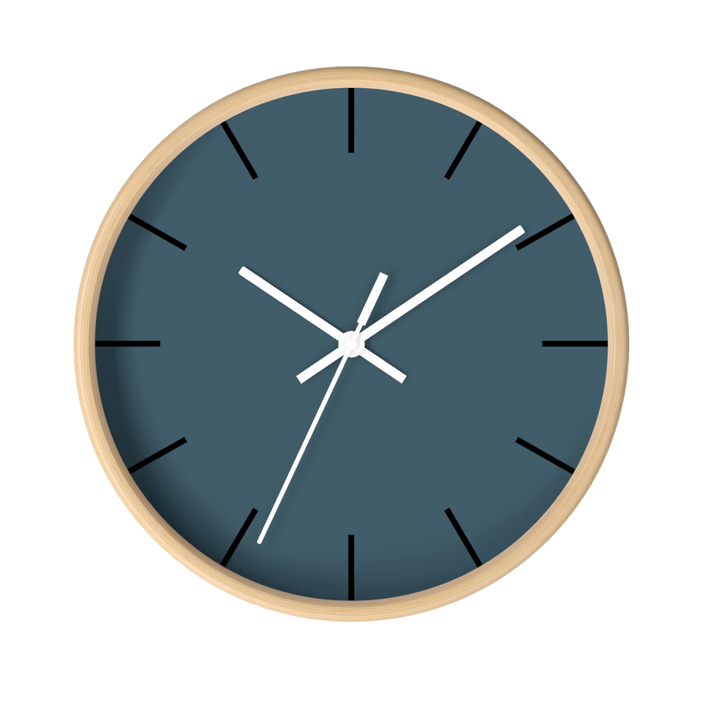 Navy blue slate silent wall clock, wooden base, white hands, black markers, 10 inch, front view.