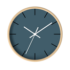 Navy blue slate silent wall clock, wooden base, white hands, black markers, 10 inch, front view.