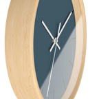 Navy blue slate silent wall clock, wooden base, white hands, black markers, 10 inch, side view.