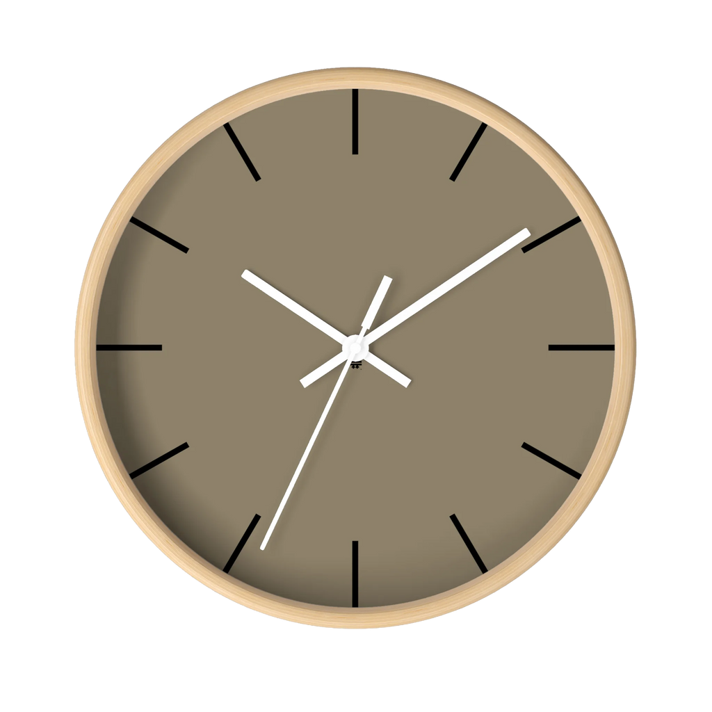Neutral taupe silent wall clock, wooden base, white hands, black markers, 10 inch, front view.