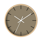 Neutral taupe silent wall clock, wooden base, white hands, black markers, 10 inch, front view.