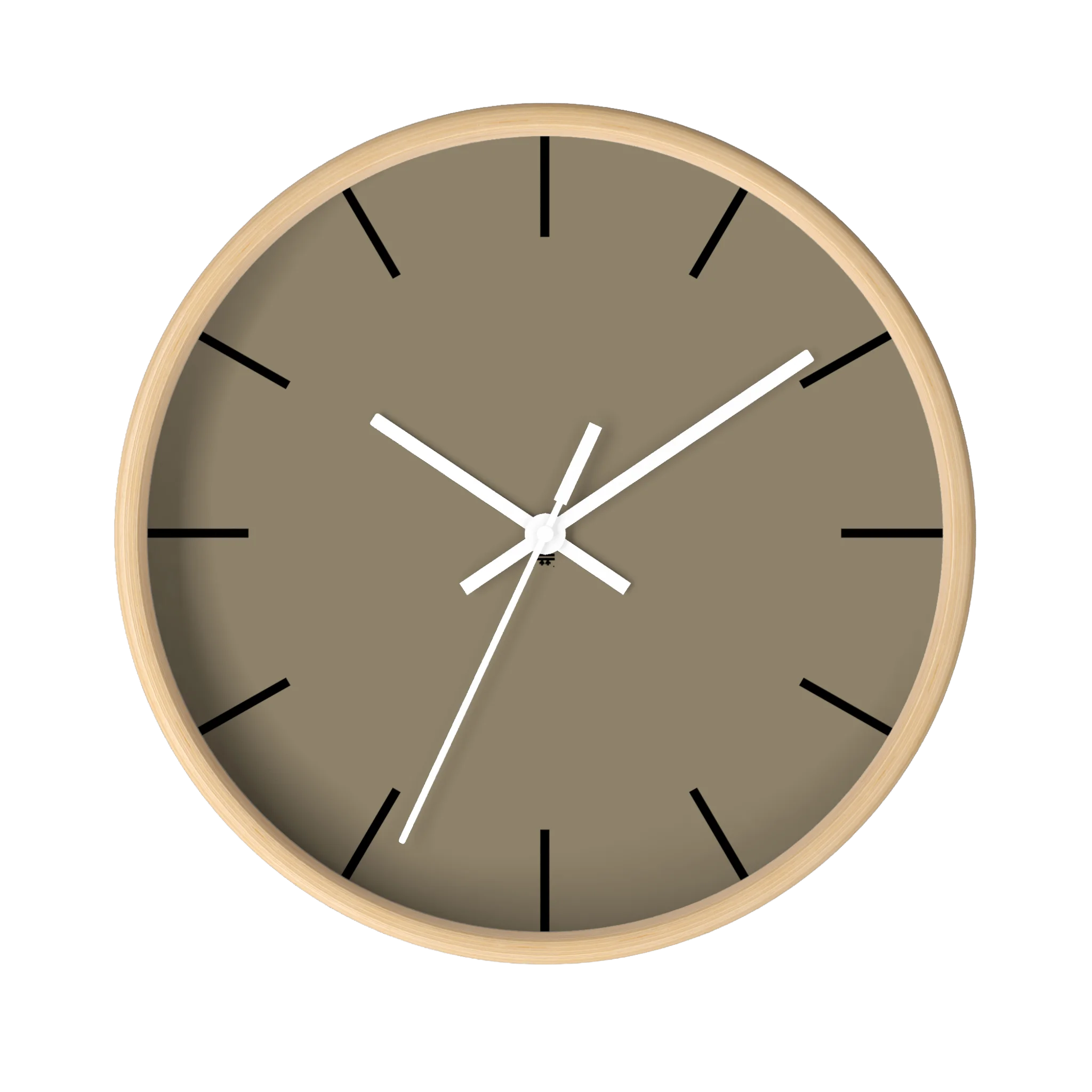 Neutral taupe silent wall clock, wooden base, white hands, black markers, 10 inch, front view.