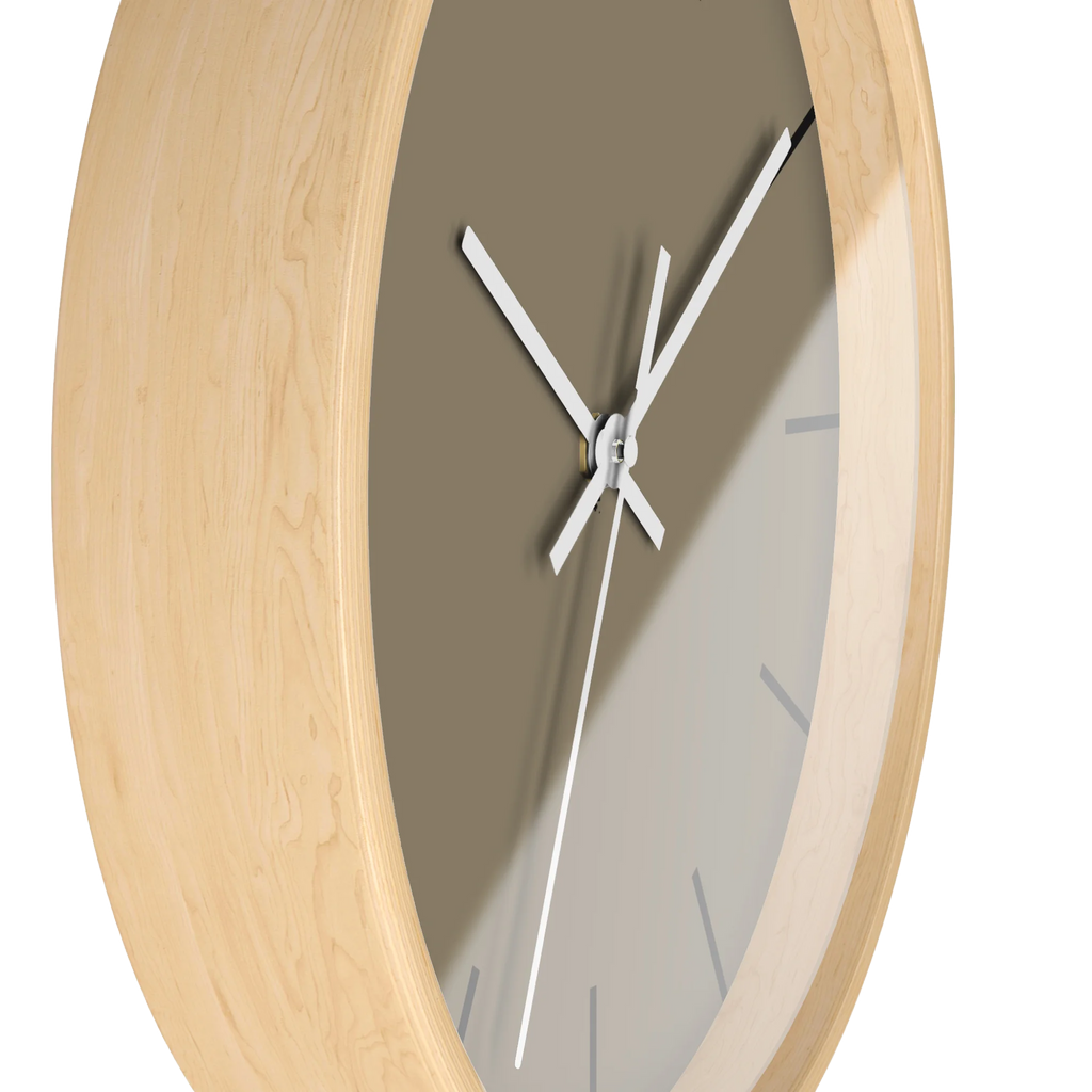 Neutral taupe silent wall clock, wooden base, white hands, black markers, 10 inch, side view.
