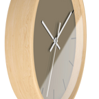 Neutral taupe silent wall clock, wooden base, white hands, black markers, 10 inch, side view.