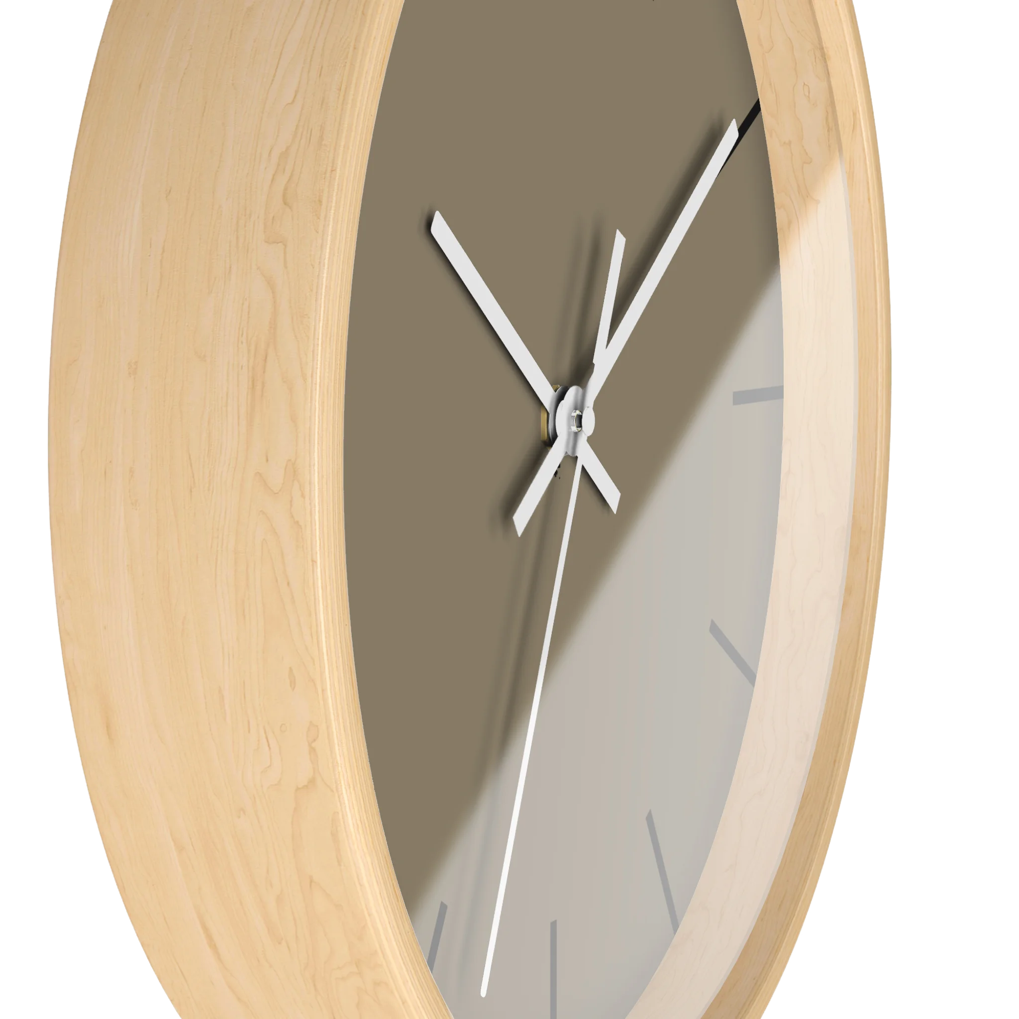 Neutral taupe silent wall clock, wooden base, white hands, black markers, 10 inch, side view.