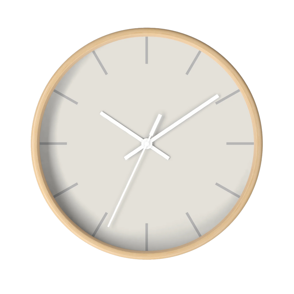 Off white silent wall clock, wooden base, white hands, light grey markers, 10 inch, front view.