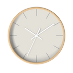 Off white silent wall clock, wooden base, white hands, light grey markers, 10 inch, front view.