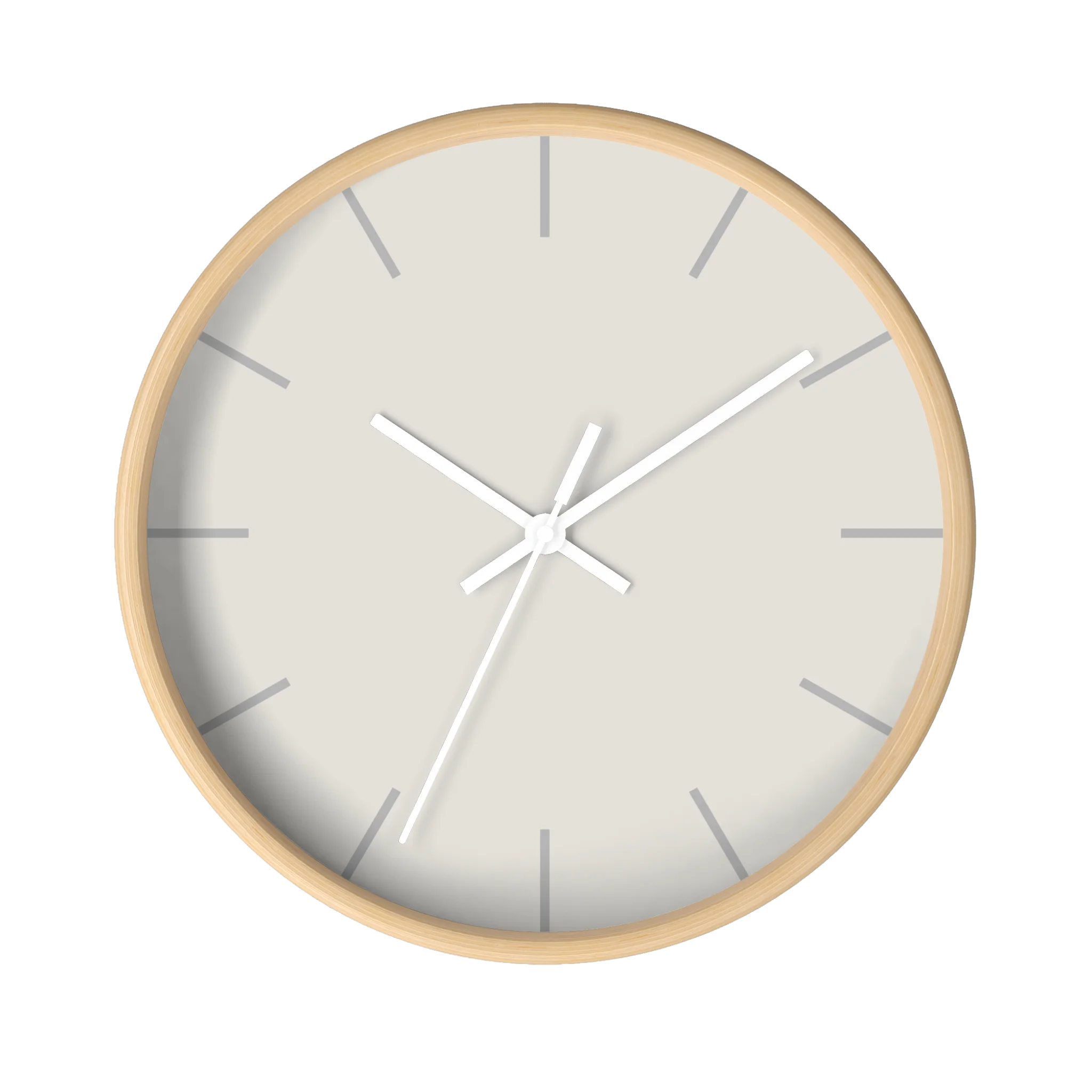 Off white silent wall clock, wooden base, white hands, light grey markers, 10 inch, front view.