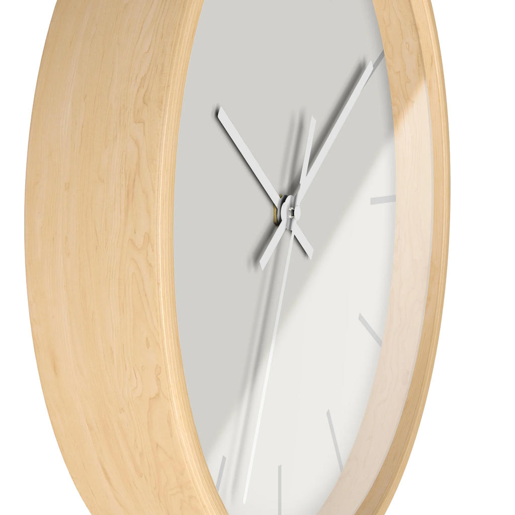 Off white silent wall clock, wooden base, white hands, light grey markers, 10 inch, side view.