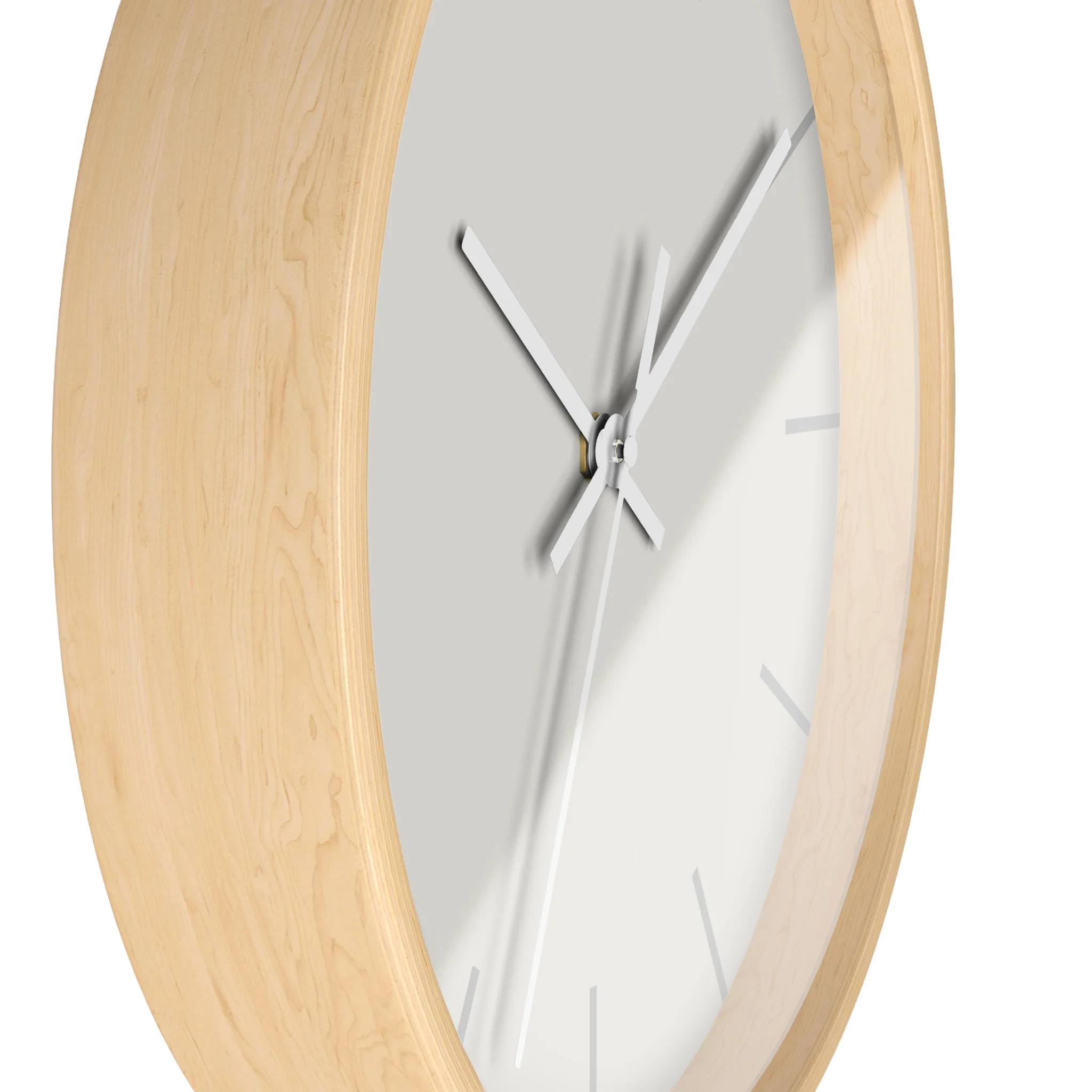 Off white silent wall clock, wooden base, white hands, light grey markers, 10 inch, side view.
