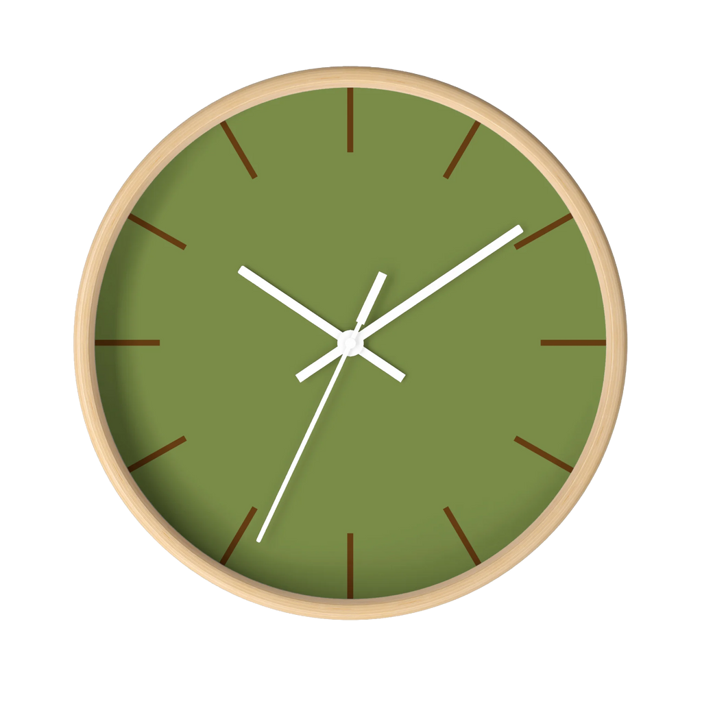 Olive green silent wall clock, wooden base, white hands, saddle brown markers, 10 inch, front view.