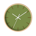 Olive green silent wall clock, wooden base, white hands, saddle brown markers, 10 inch, front view.