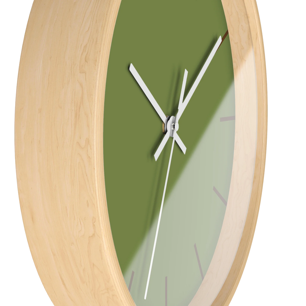 Olive green silent wall clock, wooden base, white hands, saddle brown markers, 10 inch, side view.