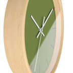 Olive green silent wall clock, wooden base, white hands, saddle brown markers, 10 inch, side view.