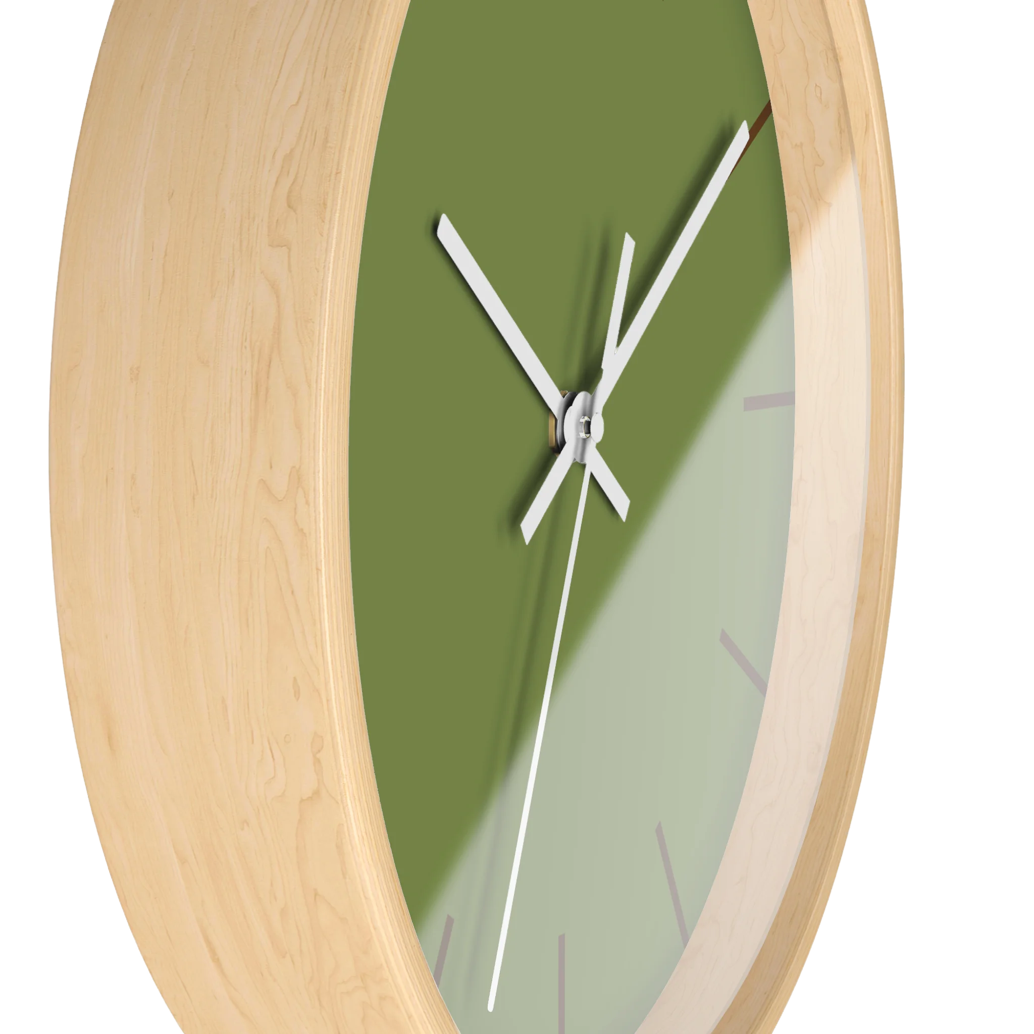 Olive green silent wall clock, wooden base, white hands, saddle brown markers, 10 inch, side view.