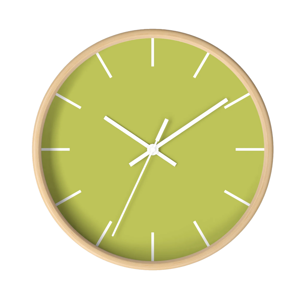 Orchid lime green silent wall clock, wooden base, white hands, white markers, 10 inch, front view.