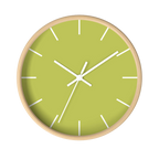 Orchid lime green silent wall clock, wooden base, white hands, white markers, 10 inch, front view.