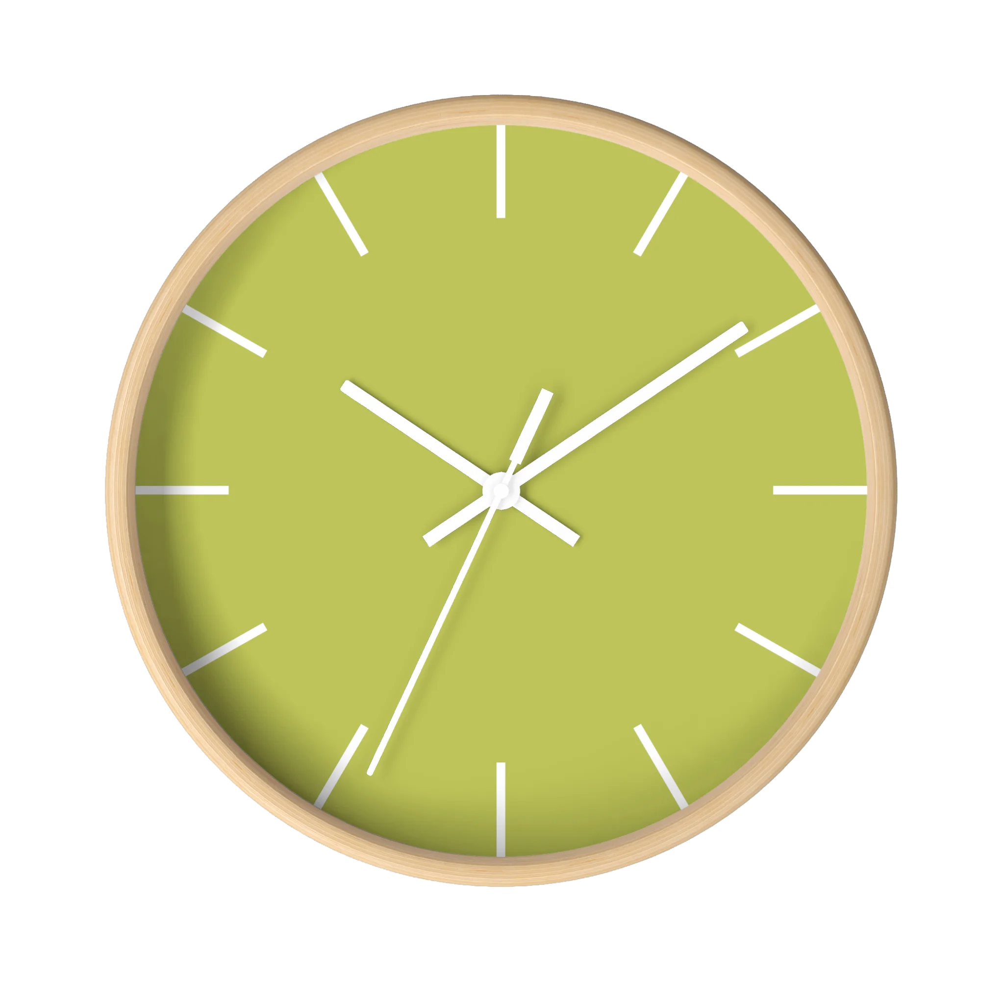 Orchid lime green silent wall clock, wooden base, white hands, white markers, 10 inch, front view.
