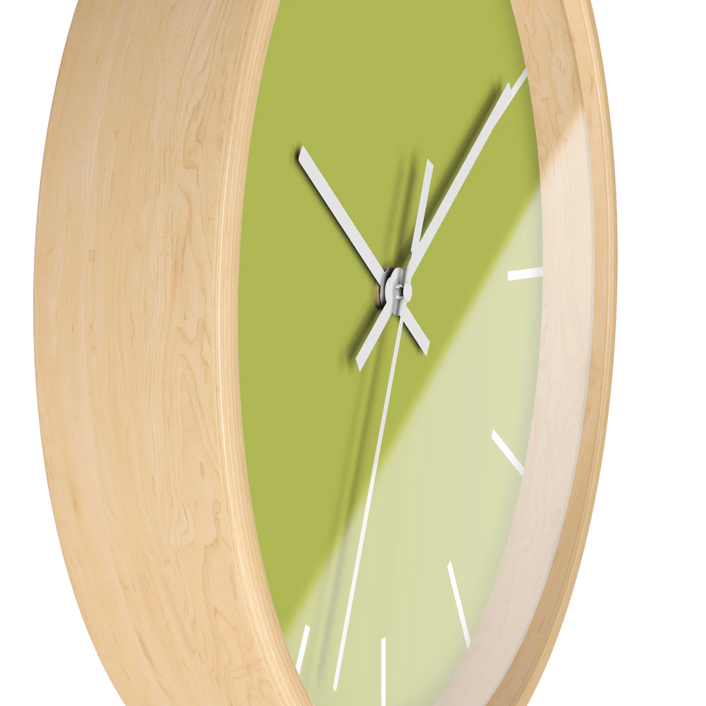 Orchid lime green silent wall clock, wooden base, white hands, white markers, 10 inch, side view.