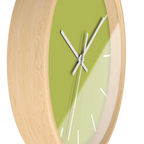 Orchid lime green silent wall clock, wooden base, white hands, white markers, 10 inch, side view.