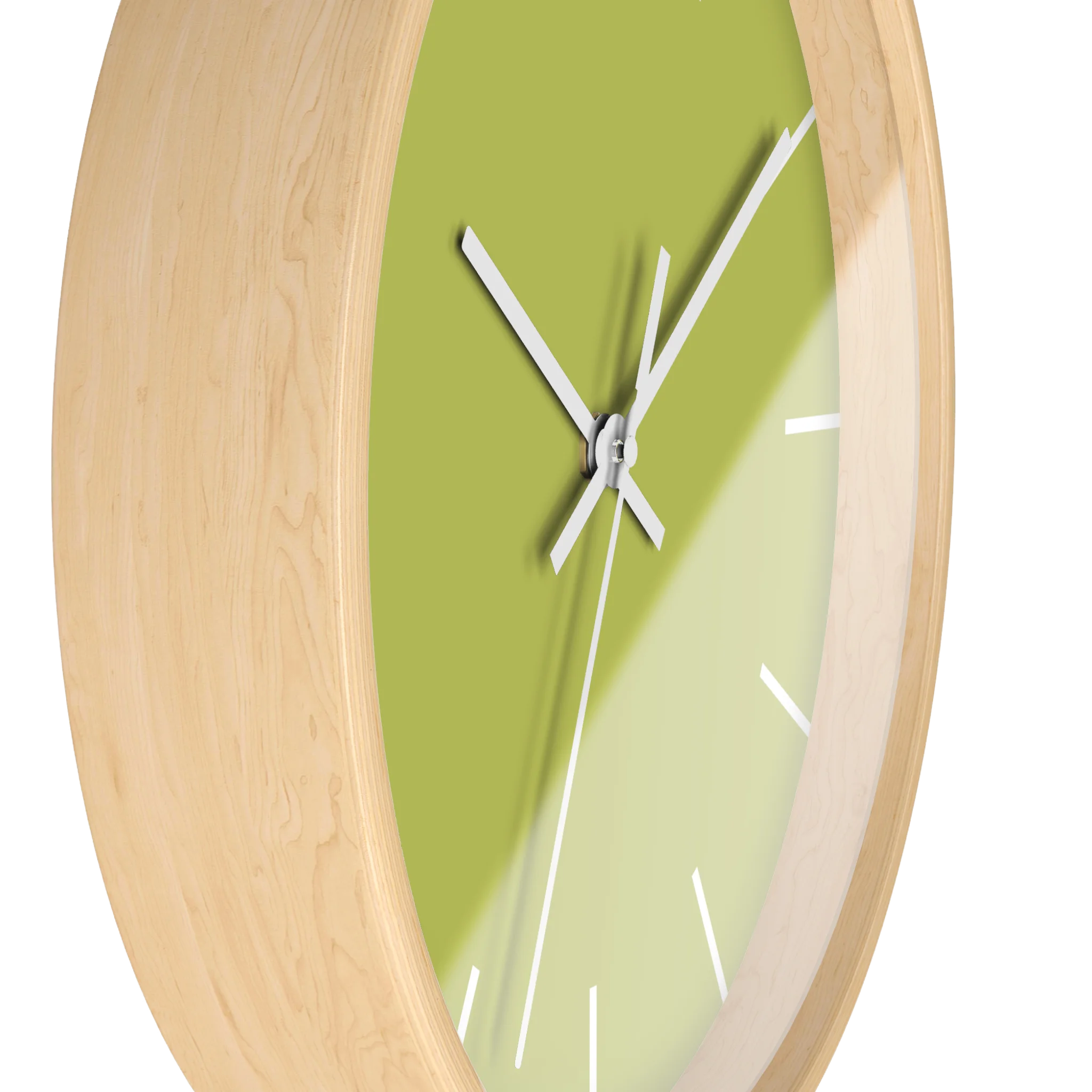 Orchid lime green silent wall clock, wooden base, white hands, white markers, 10 inch, side view.